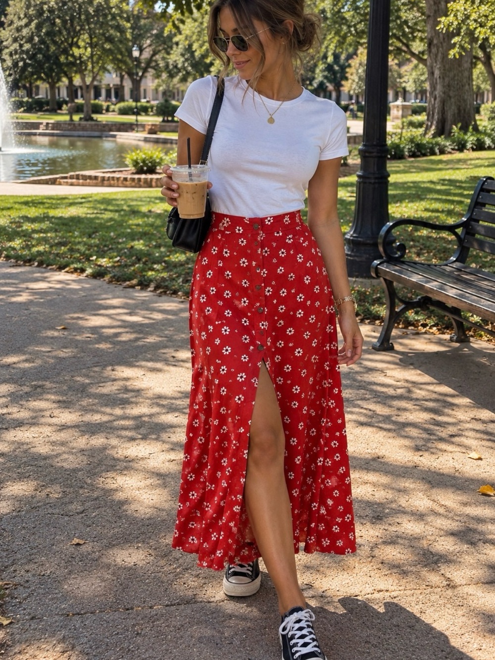 Zara Red Floral Button-Front Maxi Skirt with Front Slit